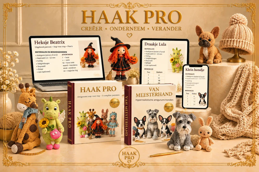 De boeken Haak Pro en Van Meesterhand met hun afgewerkte amigurumi’s